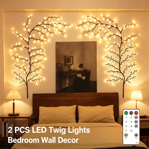 2Pcs Enchanted Willow Led Lights 5.9FT for Bedroom Remote Flexible DIY Vine Lights 144 LEDs Warm Many Modes Remote Control Birch Bark Texture Boho Decor