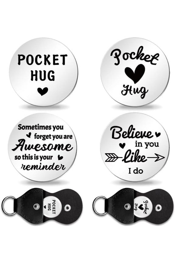 2Pcs Encourage Pocket Hug Token with Key Chains Flat Round Double Sided Engraved Stainless Steel Commemorative Decision Maker Coin Pocket Hug Coin for Family Friend Lover Silver DIY