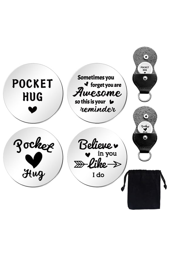 2Pcs Encourage Pocket Hug Token with Key Chains Flat Round Double Sided Engraved Stainless Steel Commemorative Decision Maker Coin Pocket