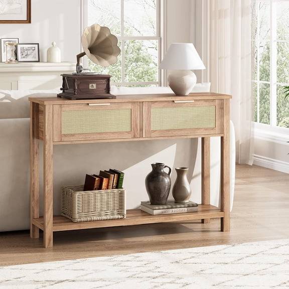 2Pcs Entryway Table with Drawers, Rattan Console Table with Storage, Boho Sofa Table for Living Room, 2 Tier Hallway Table Home Furniture-Reclaimed Caramel Oak(2pc,Brown