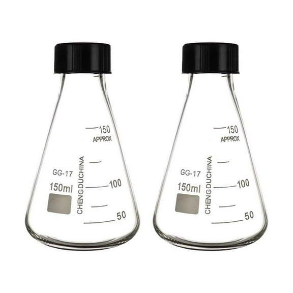 2Pcs Erlenmeyer Flask with Black Screw Cap, 5oz 150ml, Borosilicate Glassware with Printed Graduation