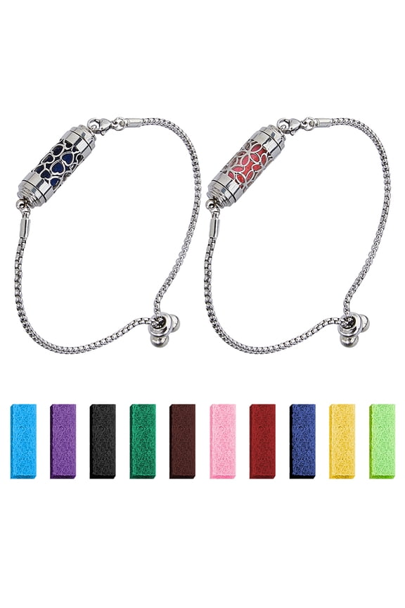 2Pcs Essential Oil Diffuser Bracelet Aromatherapy Adjustable Column Bracelet with 20PCS Felt Pads Stainless Steel Essential Oil Jewelry Gift