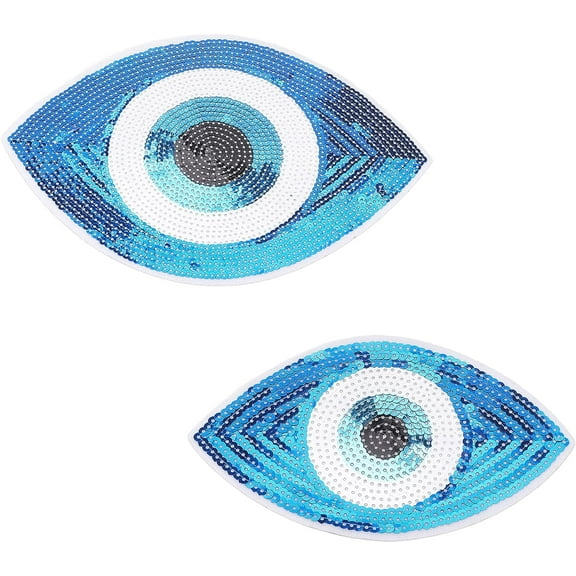 2Pcs Evil Eye Iron on Sequin Patches Sew on Sequin Patches Embroidered Patches with Glittered Appliques Glitter Repair Patch for Clothing Jeans T-Shirt Hoodies Blue 101mm 175mm