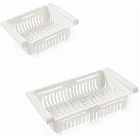 2Pcs Expandable Fridge Drawer Organizer, 20-28cm Adjustable Under Shelf Refrigerator Bins with Ventilation - Snap On Freezer Organizer for Eggs, Fruits, Vegetables, Snacks (White)