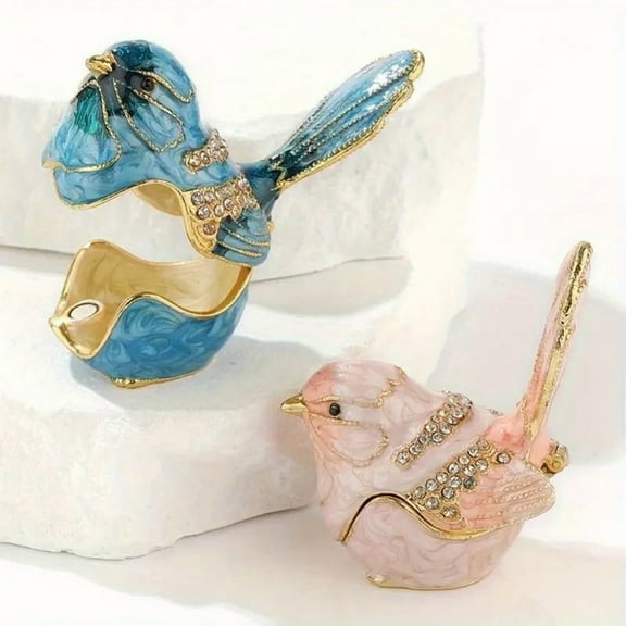 2Pcs Exquisite Bird Jewelry Box Enamel Bird Jewelry Box Storage Box Fashion Bird Home Ornament Gifts (Blue&Pink)