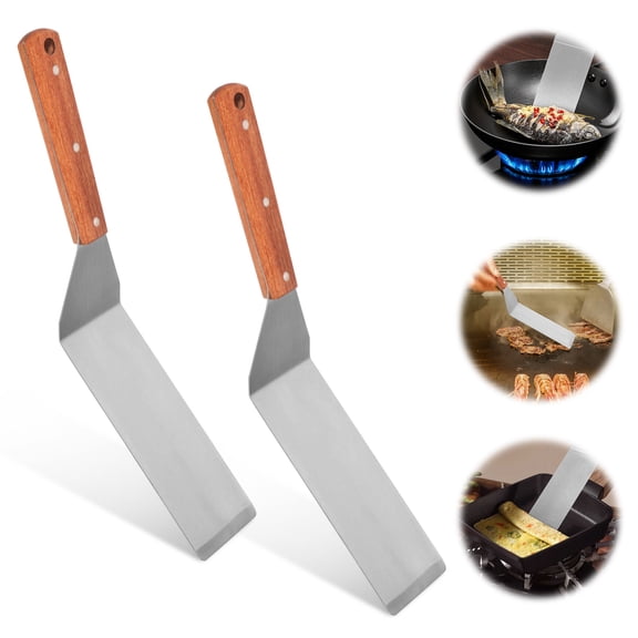 2PCS Griddle Long Spatula Set Teppanyaki spatulas Wood Stainless Steel Burger Flipper Scraper for Flat Top Grill (Solid Scoop x2)