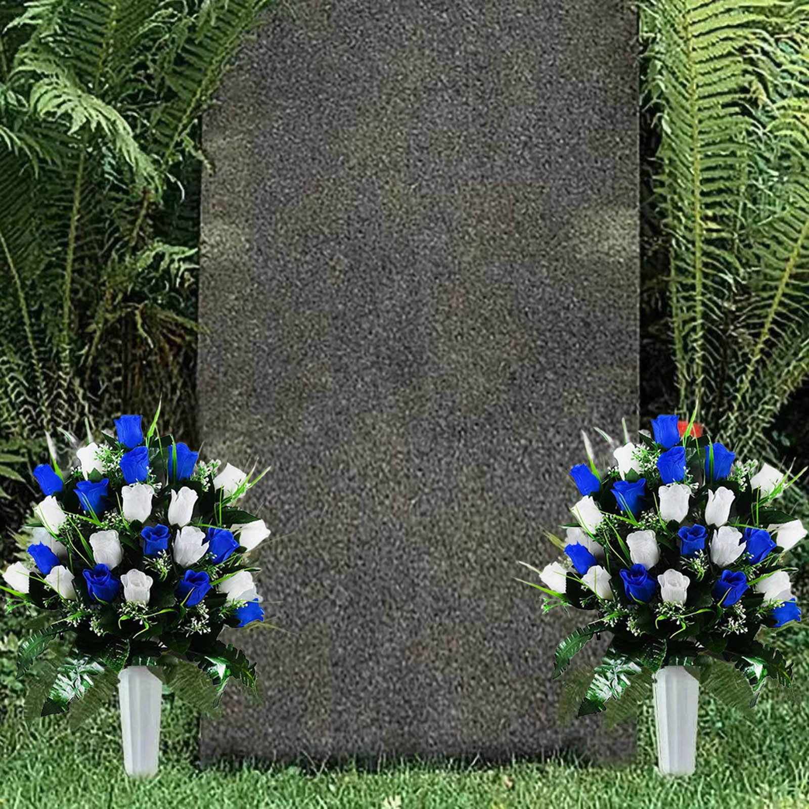 2Pcs Fake Cemetery Flowers Blue & White Roses With White Daisies Memorial Flowers Silk Memorial Bouquets For Mourn Headstones Decoration-Blue