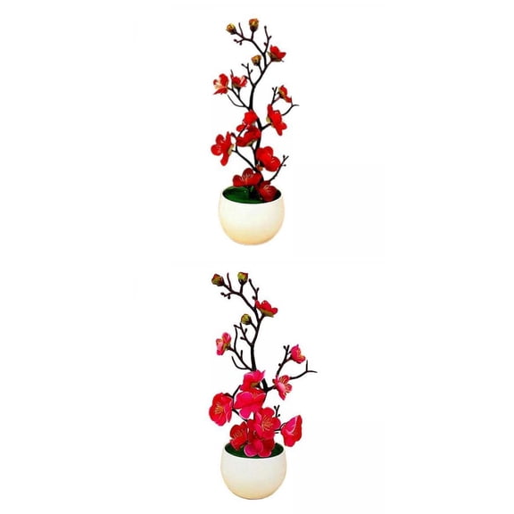 2Pcs Fake Plant Artificial Potted Flowers Home Decor Rose Red Red