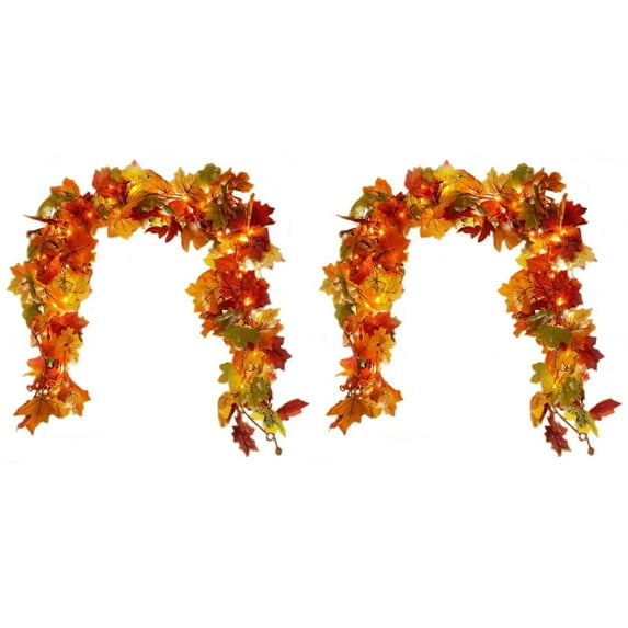 2Pcs Fall Decor Fall Maple Leaves Garland With Lights 5.58Ft Connectable Lighted Fall Garland Artificial Colorful Hanging Garland For Indoor Outdoor Fireplace Autumn Thanksgiving Decor