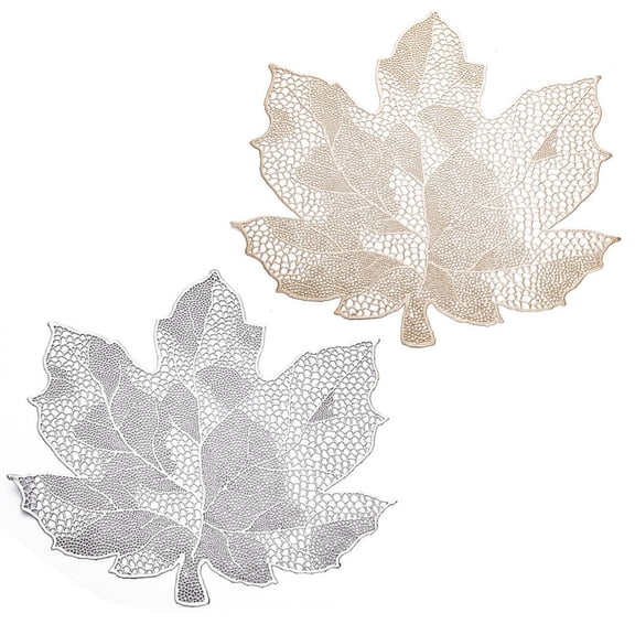 2Pcs Fall Gold Leaf Placemats for Dining Table Pressed Vinyl Metallic Table Mats Thanksgiving Maple Leaf Place Mats Harvest Table Decor Holiday Party Wedding Accent Centerpiece
