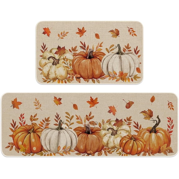2Pcs Fall Kitchen Mat White Orange Pumpkin Maple Leaves Welcome Floor Mat Non-Slip Door Rug for Autumn Harvest Thanksgiving Indoor Outdoor Bathroom, 17 x 29 Inch & 17 x 47 Inch