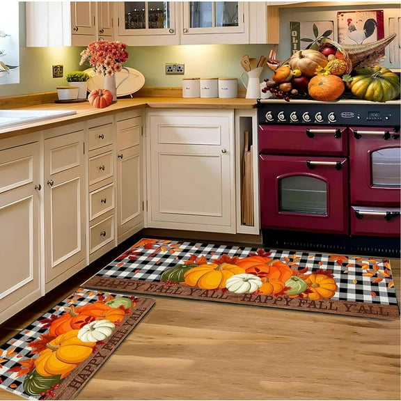 2Pcs Fall Kitchen Rugs and Mats  Thanksgiving Kitchen Rug Non Slip Backing Fall Decorations for Home Seasonal Farmhouse Fall Holiday Autumn Kitchen Floor Mat 16"X47"+16"X24"