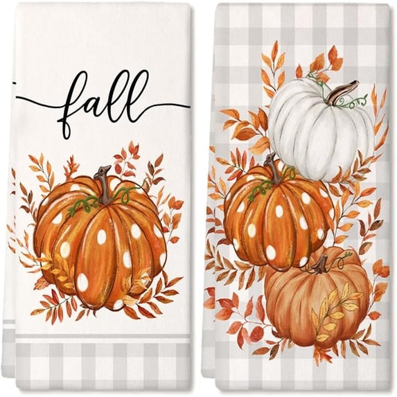 2Pcs Fall Kitchen Towels Fall Dish Towels,Halloween Spooky Pumpkin Plaid Microfibre Flour Sack Towels Dish Towels Seasonal Hand Towels Thanksgiving Decor Fall