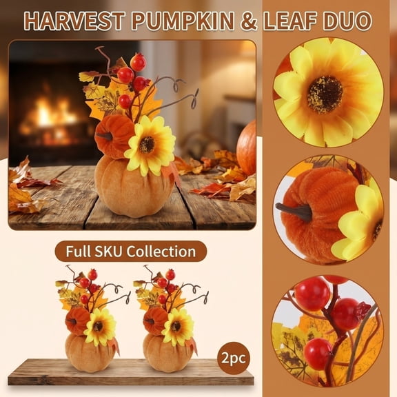 2Pcs Fall Pumpkin Decorative Set with Maple Leaves, Sunflowers & Wheat Stalks Artificial Autumn Centerpiece for Table, Fireplace Mantel, Shelf, Thanksgiving & Halloween Harvest Home Decor