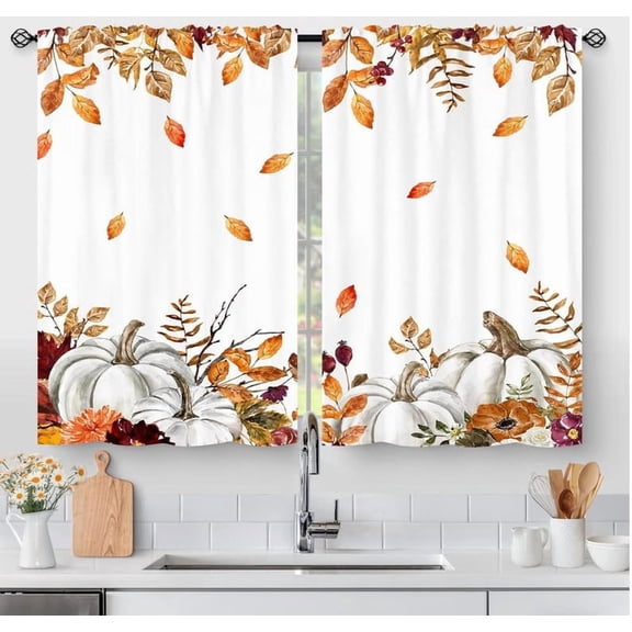 2Pcs Fall Pumpkins Maple Leaf Kitchen Curtains, Halloween Home Decor for Living Room, Pumpkin Curtain Panels, Small Window Treatment, Short Curtains for Bathroom