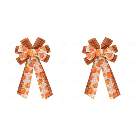 2Pcs Fall Thanksgiving Halloween Wreath Bow, Large Pre-Tied Checkered Ribbon Swag Bow for Front Door, Indoor Living Room, Outdoor Courtyard Decoration, Autumn Holiday Ornament for Home, Porch, Mantel