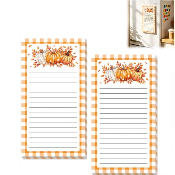 2Pcs Fall Thanksgiving Magnetic Notepads Grocery Shopping List Memo Pad Orange-White Autumn Pumpkin Plaid to-Do Paper Pad for Harvest Home Kitchen Fridge Decor