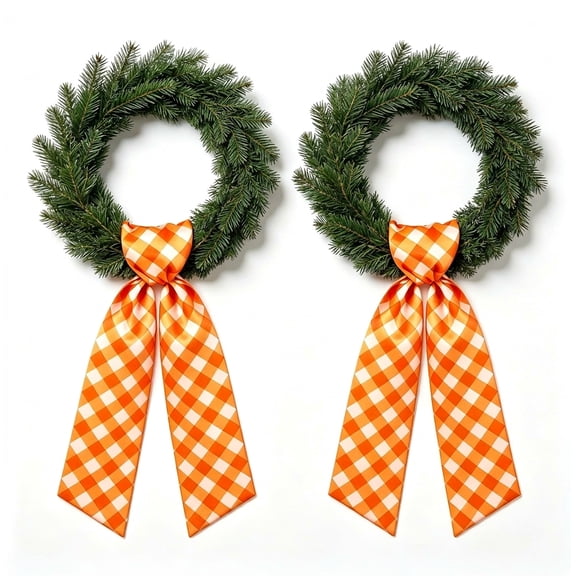 Orange Wreath Sash for Front Door, 2 Pack Fall Gingham Wreath Satin Sash, 55 inch Garland Ribbon for Indoor Outdoor Porch Holiday Decor