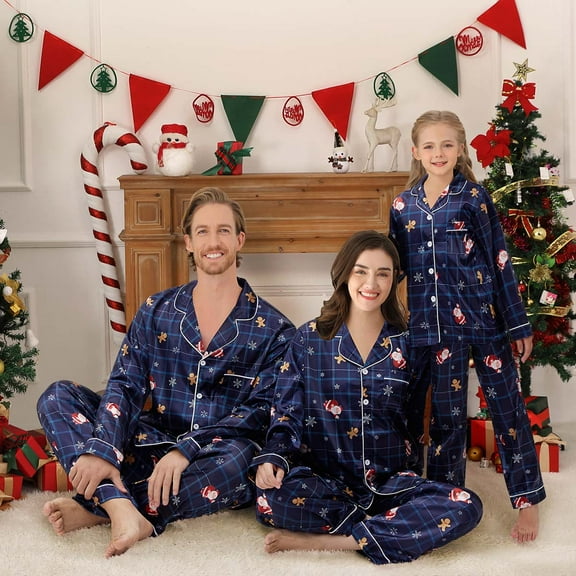 2Pcs Family Matching Christmas Pajamas Sets Silk Satin Clothes Parent-Child Cute Print Sleepwear Pjs For Couples/Women/Men/Kids
