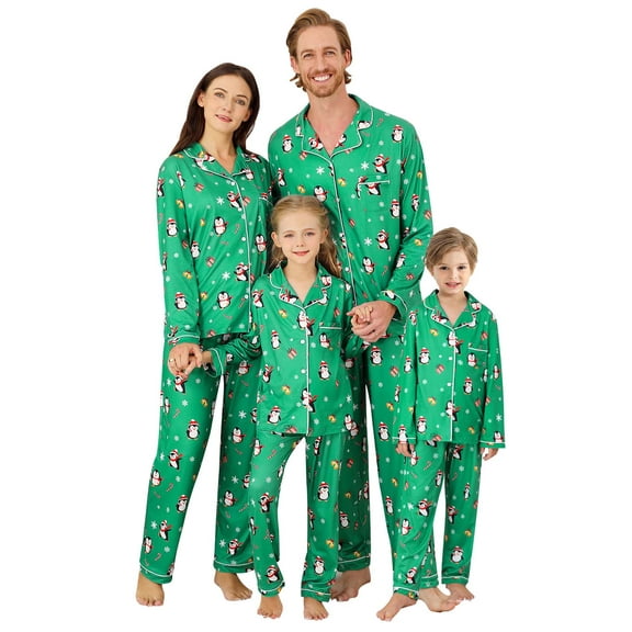 2Pcs Family Matching Christmas Pajamas Sets Silk Satin Clothes Parent-Child Cute Print Sleepwear Pjs For Couples/Women/Men/Kids
