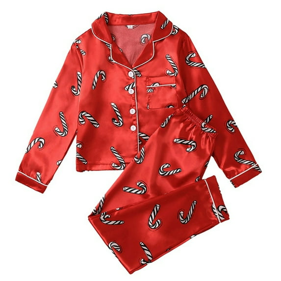 2Pcs Family Matching Christmas Pajamas Sets Silk Satin Clothes Parent-Child Cute Print Sleepwear Pjs For Couples/Women/Men/Kids