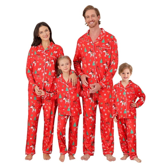 2Pcs Family Matching Christmas Pajamas Sets Silk Satin Clothes Parent-Child Cute Print Sleepwear Pjs For Couples/Women/Men/Kids