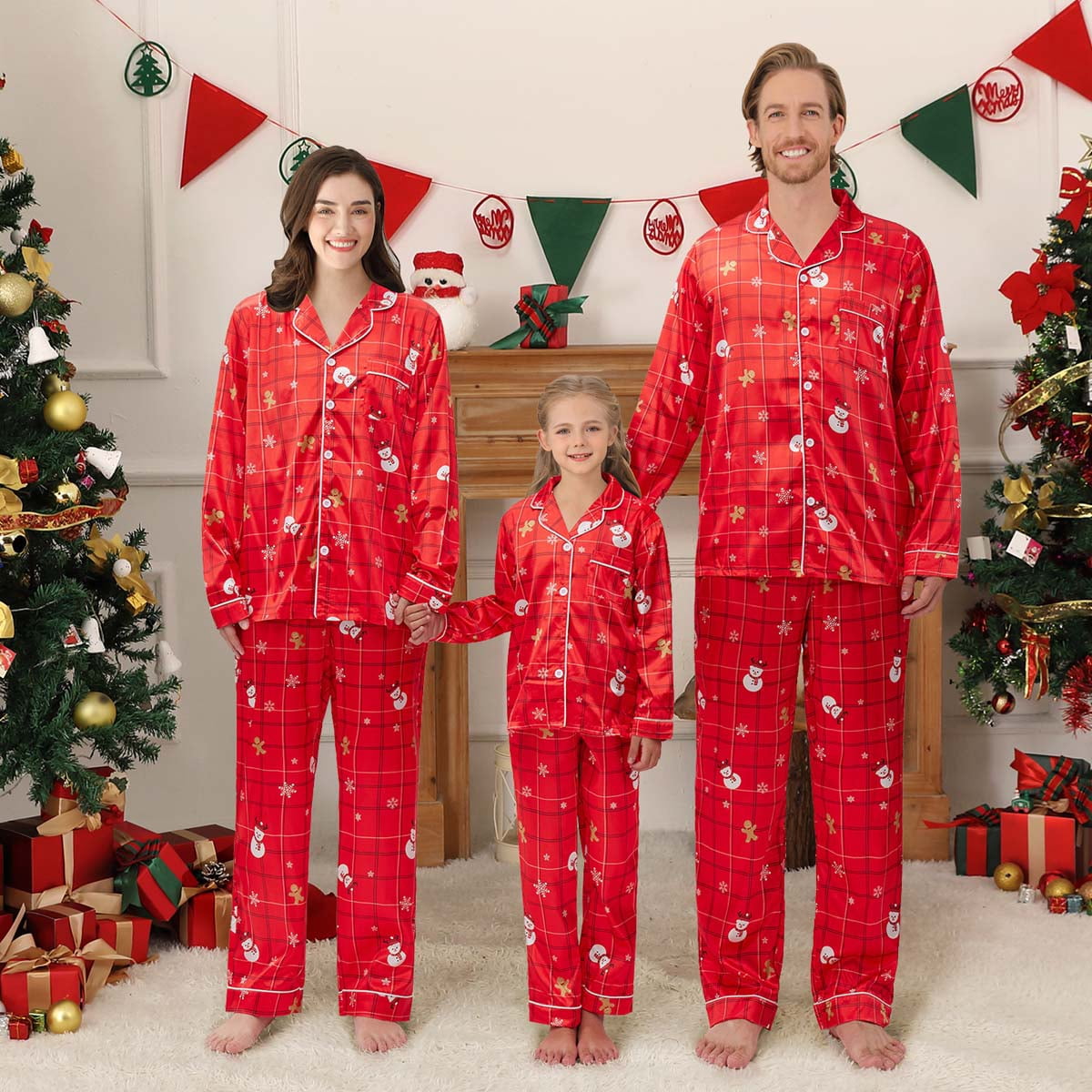 2Pcs Family Matching Christmas Pajamas Sets Silk Satin Clothes Parent ...
