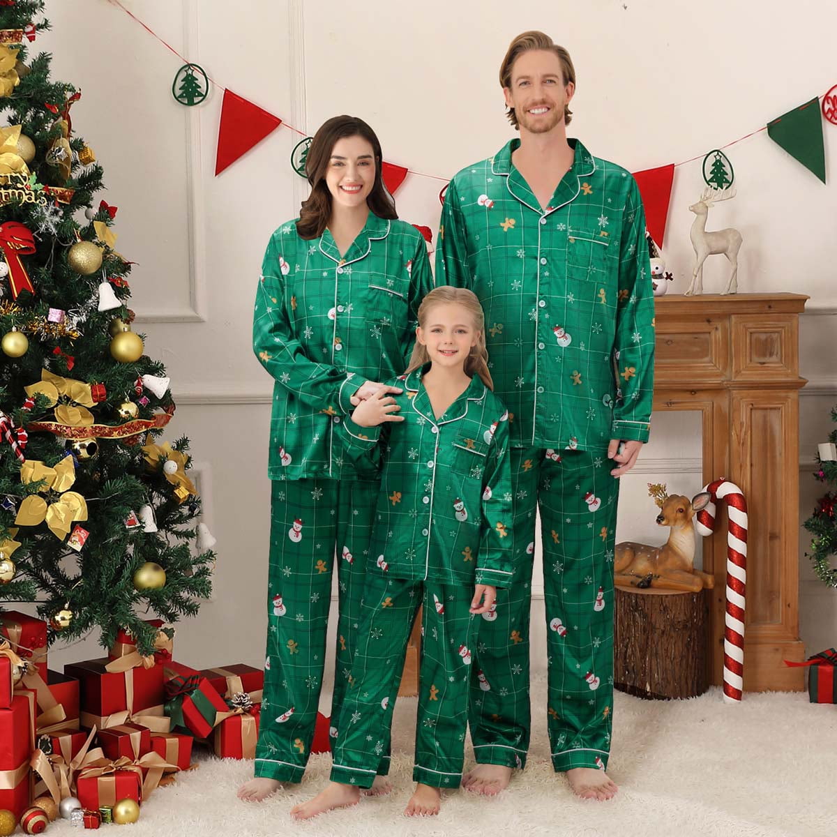 2Pcs Family Matching Christmas Pajamas Sets Silk Satin Clothes Parent ...