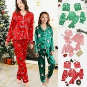 SILVERCELL 2Pcs Family Matching Christmas Pajamas Sets Silk Satin Clothes Parent-Child Cute Print Sleepwear Pjs For Couples/Women/Men/Kids