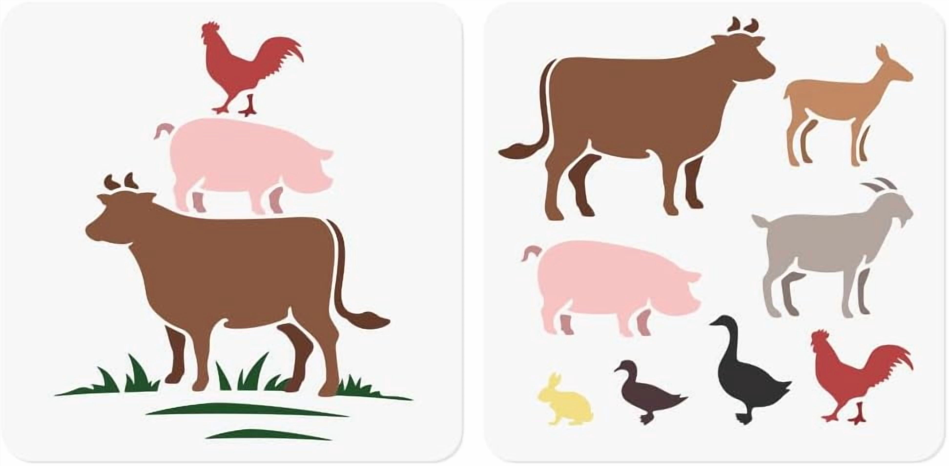2Pcs Farm Animals Craft Stencil Templates 11.8 x 11.8 Inch Reusable Plastic  Farmhouse Cow Pig Chicken Sheep Stencil for Painting on Wood Wall Floor ..., image size:3888x1908