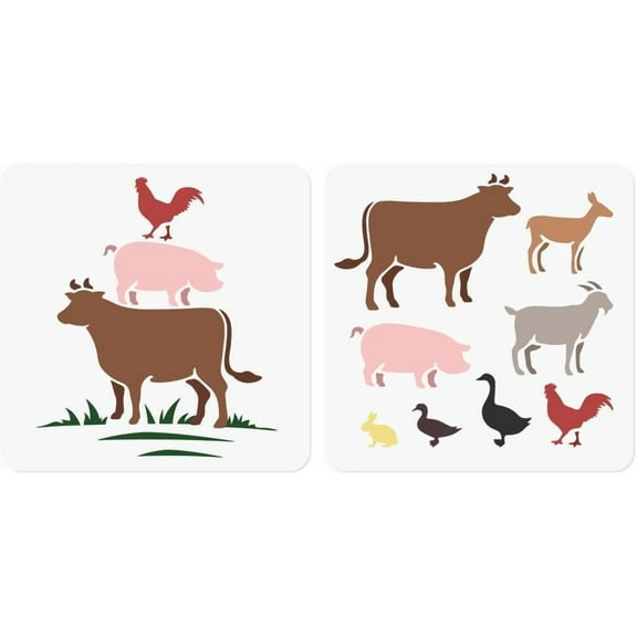 2Pcs Farm Animals Craft Stencil Templates 11.8 x 11.8 Inch Reusable Plastic Farmhouse Cow Pig Chicken Sheep Stencil for Painting on Wood Wall Floor Fabric Glass