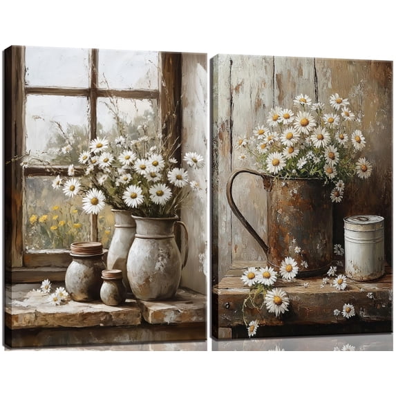 2Pcs Farmhouse Daisy Wall Art Framed Country Daisy Canvas Prints Vintage Farmhouse Flowers Pictures for Bathroom Bedroom Living Room Home Decor