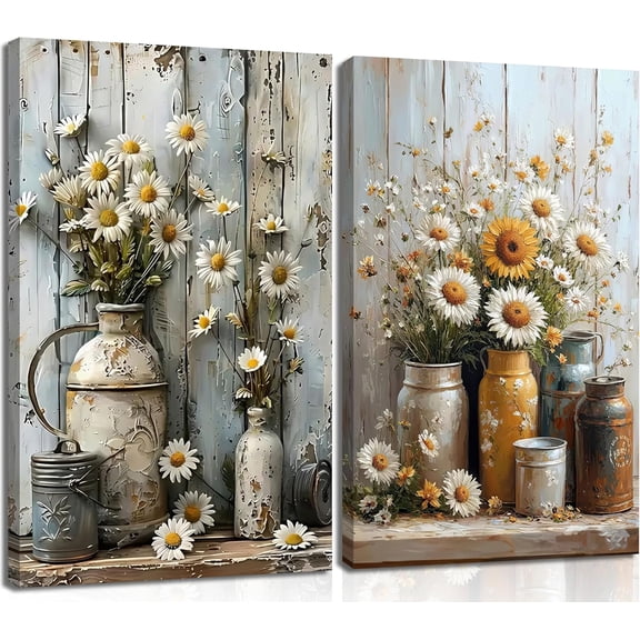 2Pcs Farmhouse Daisy Wall Art Framed Country Daisy Canvas Prints Vintage Farmhouse Flowers Pictures for Bathroom Bedroom Living Room Home Decor