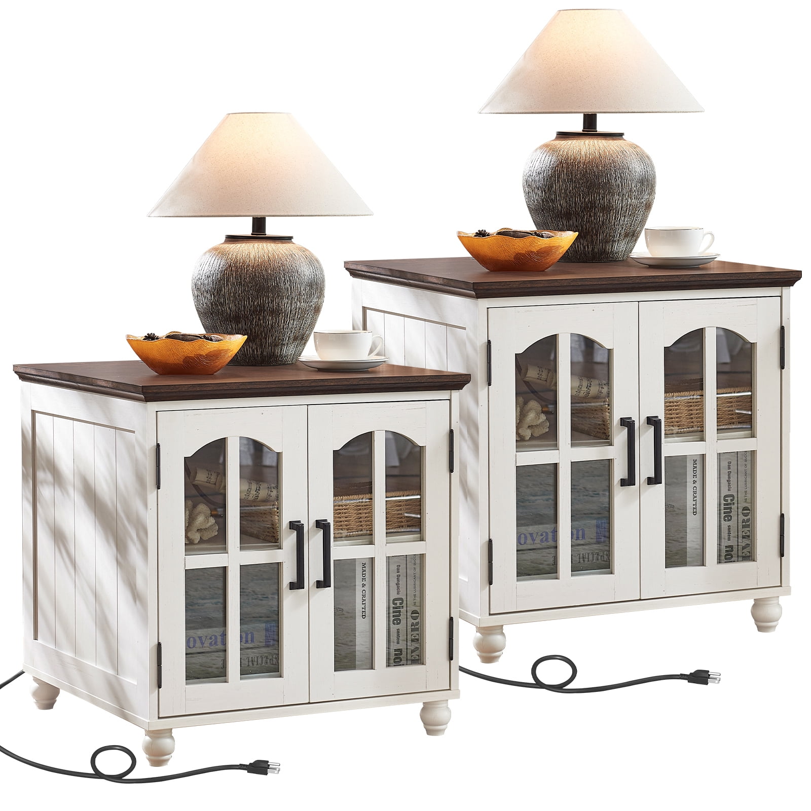 2Pcs Farmhouse End Table with Charging Station, 24" Large Sofa Side Table with Storage Shelf, Large End Table Nightstand with Outlet for Bedroom, Square, White