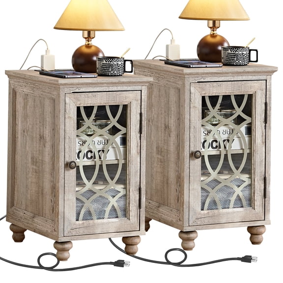 2Pcs Farmhouse Nightstand w/Charging Station, Wooden Rustic Narrow Bedside Table, End Table w/Storage Shelf & Door for Bedroom, Living Room, Gray