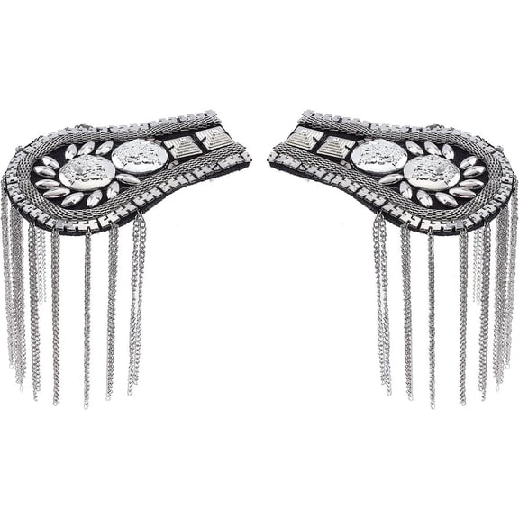 2Pcs Fashionable Alloy Tassel Epaulettes Polyester Shoulder Badge with Rhinestone & Plastic Findings Black 187x61x8mm