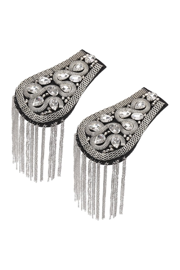 2Pcs Fashionable Tassel Epaulettes Alloy Rhinestone Shoulder Badge with Metal Chains and Cloth Findings Platinum 200x70x16mm for DIY
