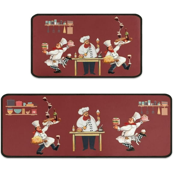 2Pcs Fat Chef Kitchen Rugs Set of 2 Floor Mats for Cooking Non Slip Waterproof Standing Kitchen Runner Mats 17”x30”+17”x47”