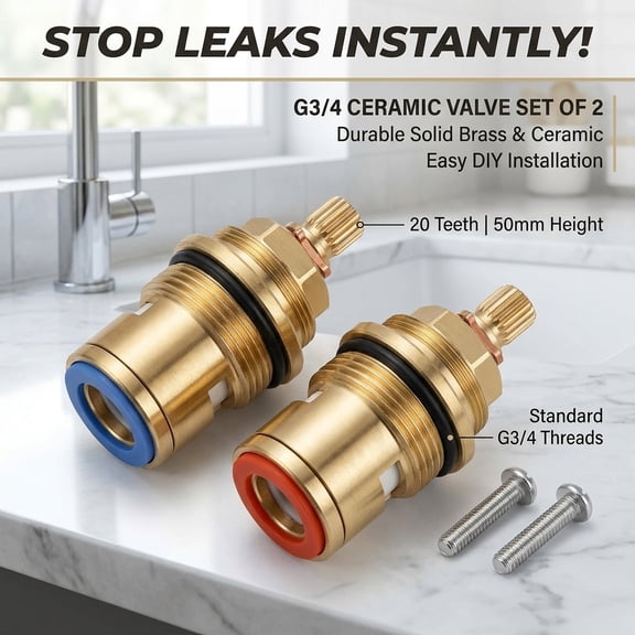 2Pcs 3/4" 20 Teeth Faucet Cartridge Replacement, Brass Ceramic Disc Tap Valve Stem for Kitchen or Bathroom Sink Faucet Repair
