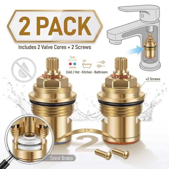 2Pcs 3/4" 20 Teeth Faucet Cartridge Replacement, Brass Ceramic Disc Tap Valve Stem for Kitchen or Bathroom Sink Faucet Repair