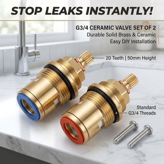 Faucet Cartridge Replacement 3/4 Inch 20 Teeth Solid Brass 2Pcs Tap Valve Stem for Bathroom Sink Faucet Repair Ceramic Disc Cartridge Replacement