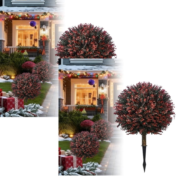 2Pcs Boxwood Topiary Ball Trees for Outdoor UV Resistant,17" Artificial Bushes Cedar Tree with Spikes, Shrubs for Outside Yard Porch Indoor Garden Decoration-Red