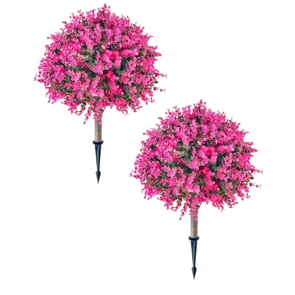 2Pcs Boxwood Topiary Ball Trees for Outdoor UV Resistant,17" Artificial Bushes Cedar Tree with Spikes, Shrubs for Outside Yard Porch Indoor Garden Decoration-Red