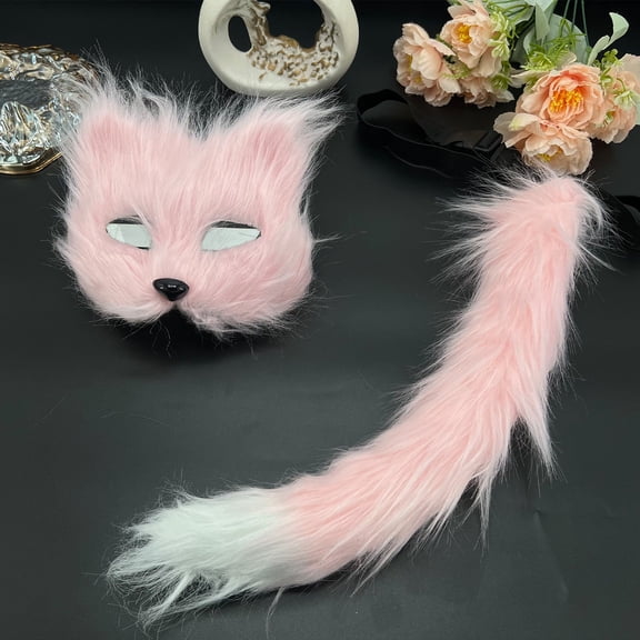 2Pcs Faux Fur Cat Wolf Fox Mask Fluffy Tail Set,Halloween Fursuit Therian Fox Animal Cosplay Party Costume