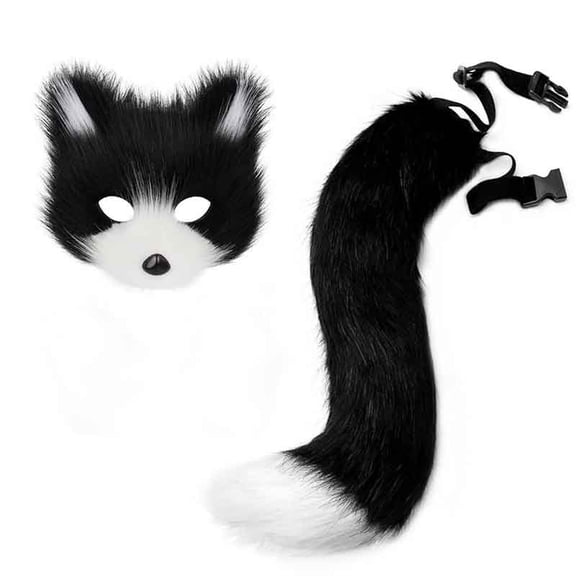 2Pcs Faux Fur Cat Wolf Fox Mask Fluffy Tail Set,Halloween Fursuit Therian Fox Animal Cosplay Party Costume