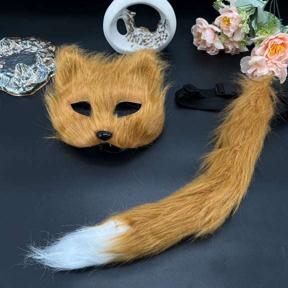 2Pcs Faux Fur Cat Wolf Fox Mask Fluffy Tail Set,Halloween Fursuit Therian Fox Animal Cosplay Party Costume