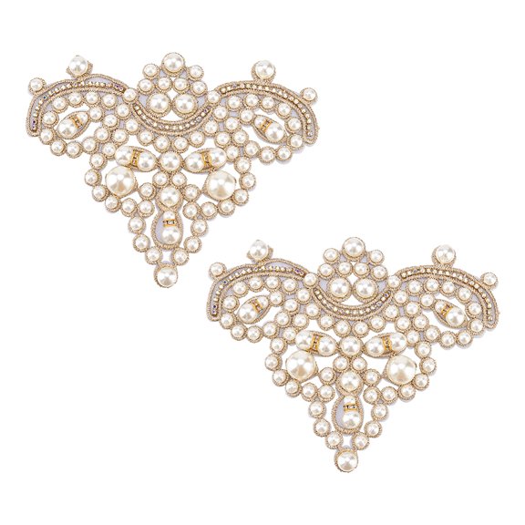 2Pcs Felt Sew on Ornament Accessories Rhinestone & Plastic Imitation Pearl Beaded Appliques Gold 97x120x13mm