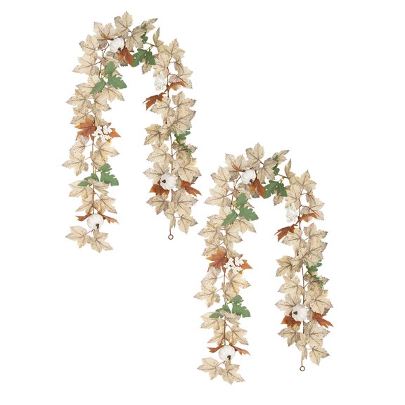 2Pcs Festive Autumn Garland Thanksgiving Halloween Wreath With Green Vines Pumpkin Maple Leaves Silk Door Wall Decor 68.9"X5.9"