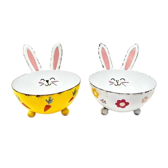 2Pcs Festive Easter Bunny Metal Candy Bowl, Rabbit Ear Snack Bowl with Carrot & Floral Patterns, Spring Home Decor for Candy, Desserts, and Easter Party Table Centerpieces（White and yellow）