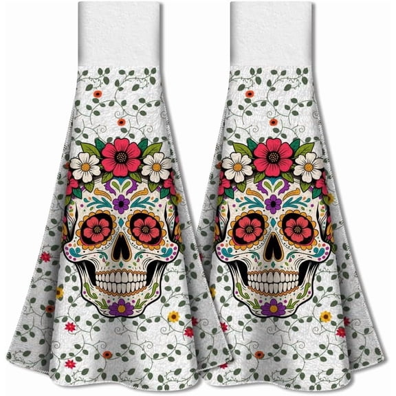 2Pcs Fiesta Vine Hand Towels with Hanging Loop Soft Absorbent Floral Decor Kitchen Towels Colorful Skulls Dish Cloths for Home Bathroom Kitchen 17.1x12.4 inches Colorful